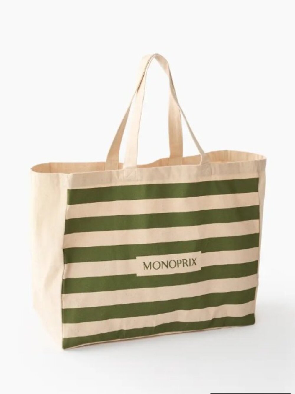 MonoPrix Striped Heavy Canvas Tote Green Ivory Cream